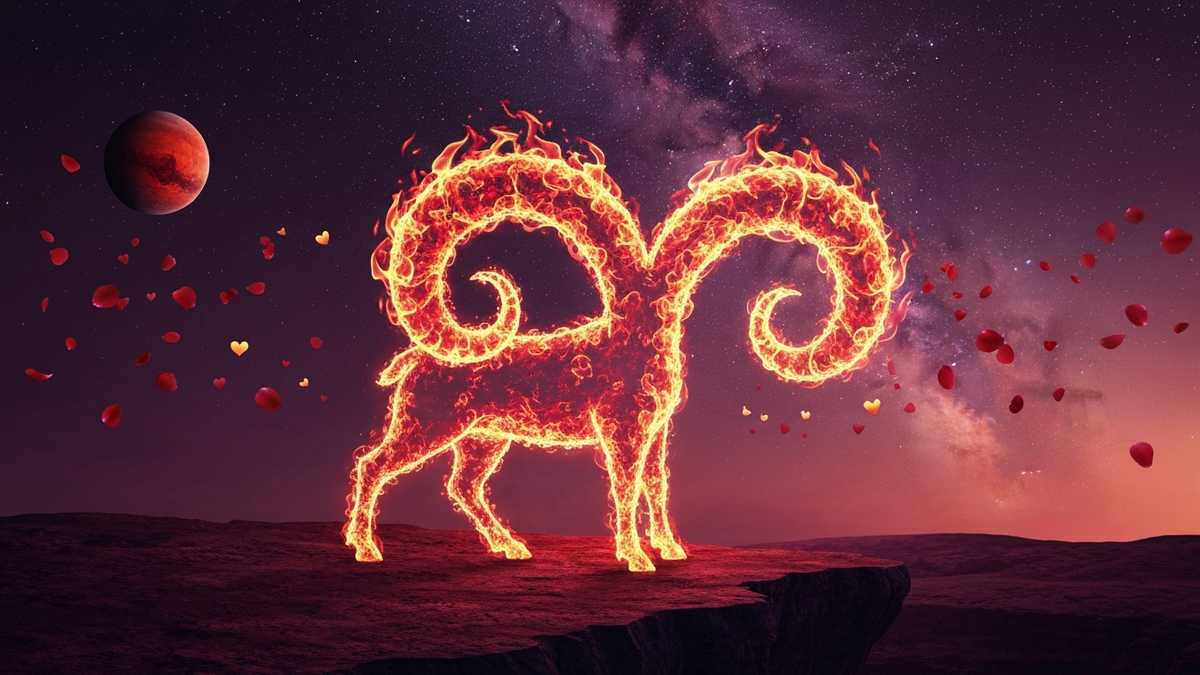 Aries love horoscope with fiery ram symbol surrounded by rose petals and Mars planet