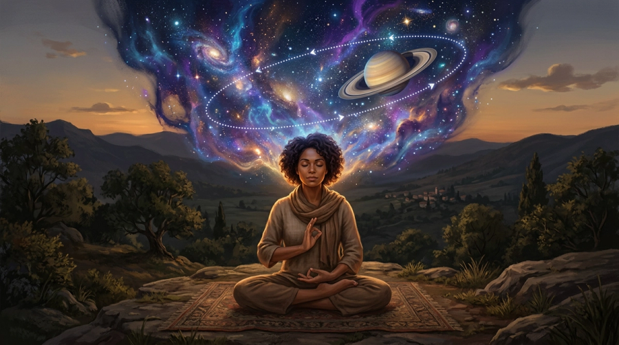 Person meditating with Saturn moving backward in a cosmic inner landscape above their head