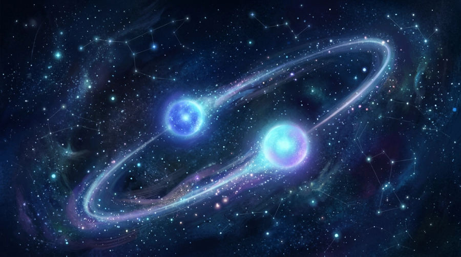Two glowing orbs drifting toward each other along a luminous celestial ring among scattered stars