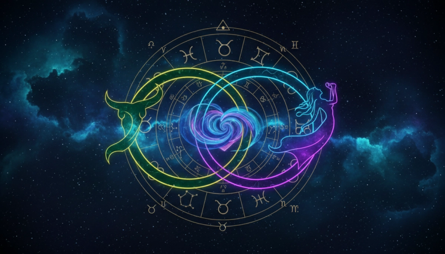 Astrology wheel linking Taurus and Virgo earth signs with a glowing trine