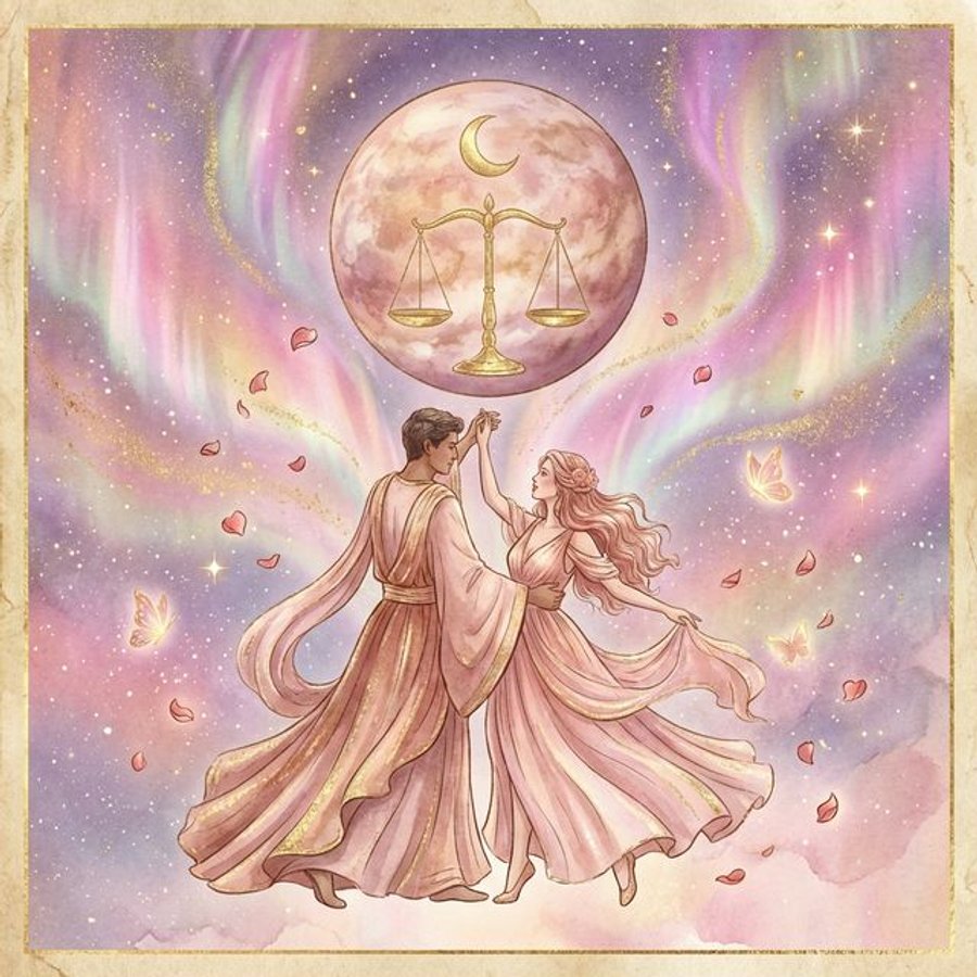 Libra in love illustration showing elegant couple dancing beneath Venus planet and golden balance scales with rose petals