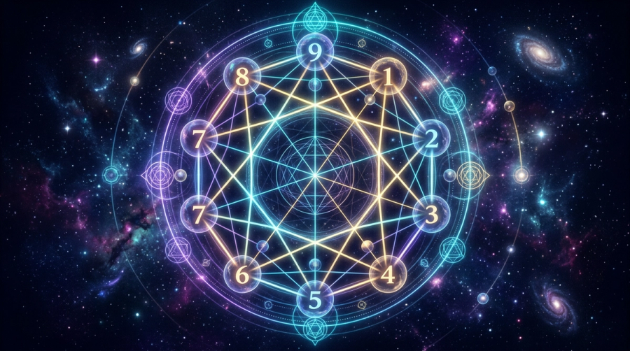 Pythagorean number grid with master numbers 11 22 33 illuminated alongside zodiac glyphs showing numerology and astrology together