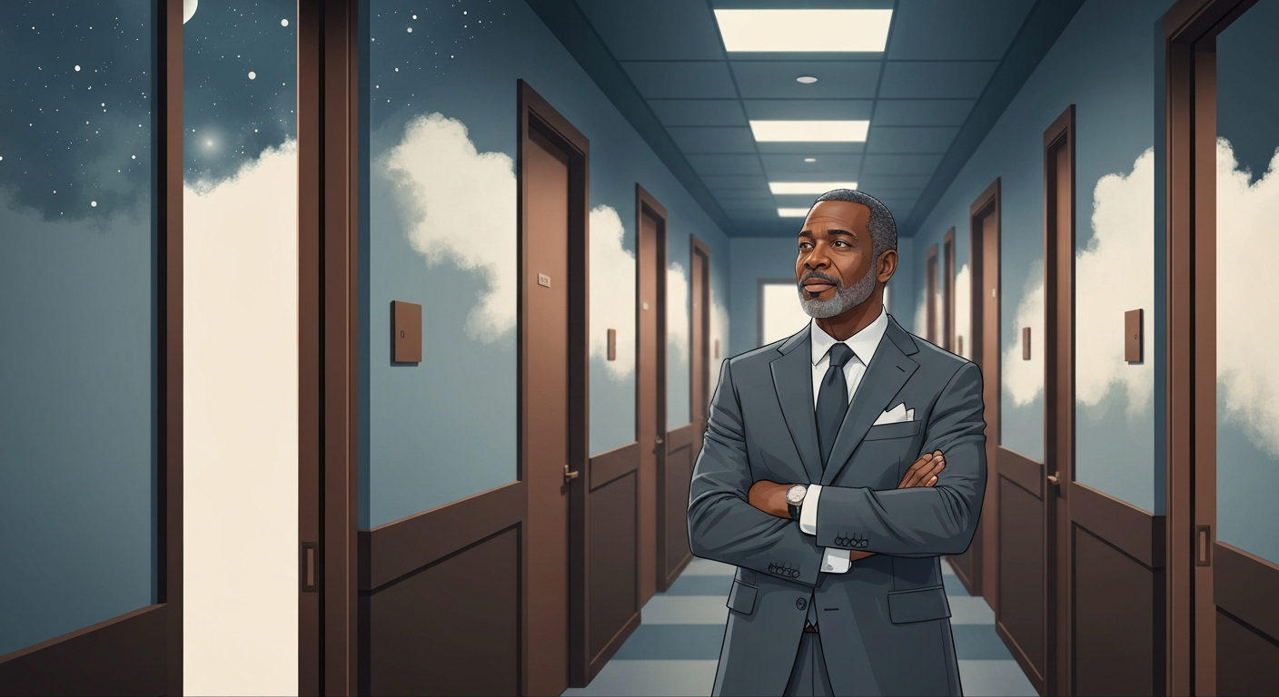 A professional standing in a corridor facing several half-open career doors