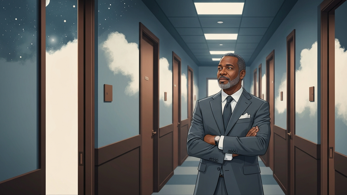 A professional standing in a corridor facing several half-open career doors