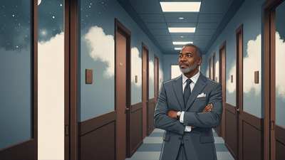 A professional standing in a corridor facing several half-open career doors