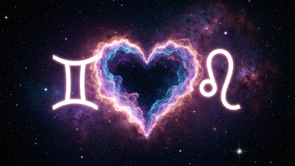 Two zodiac constellation symbols connected by glowing heart-shaped nebula representing zodiac compatibility and love matching