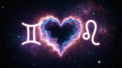 Two zodiac constellation symbols connected by glowing heart-shaped nebula representing zodiac compatibility and love matching