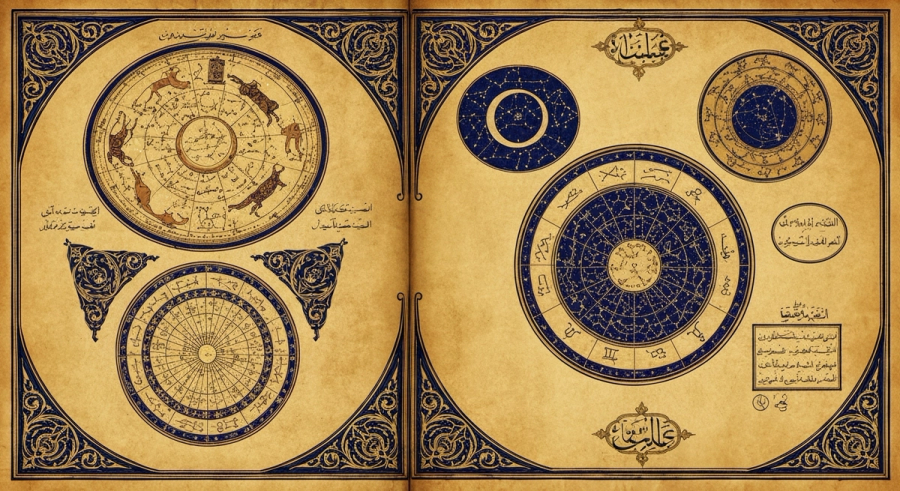 Medieval Arabic astrology manuscript with lunar mansion diagrams and zodiac wheel in gold and indigo