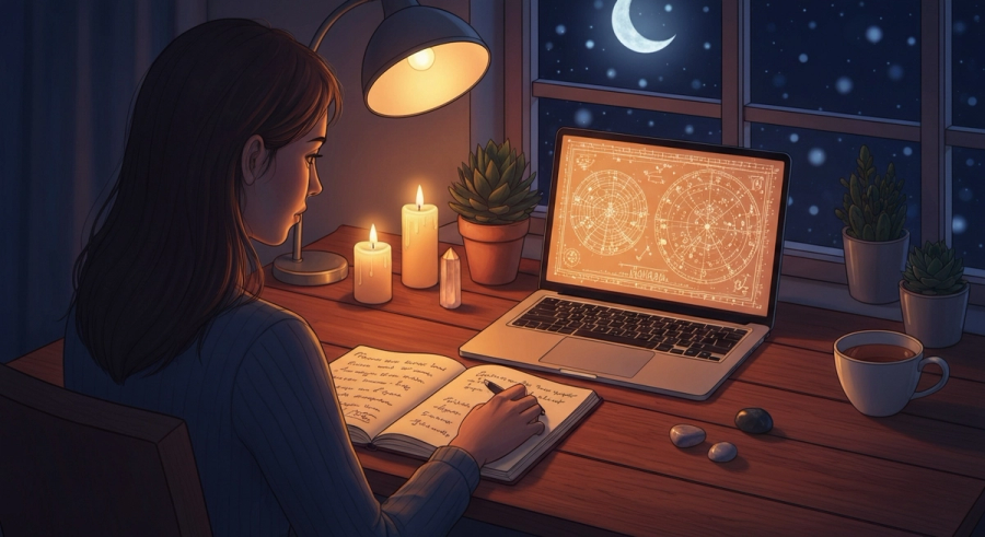 Женщина изучает натальную карту на ноутбуке - расшифровка астрологической карты