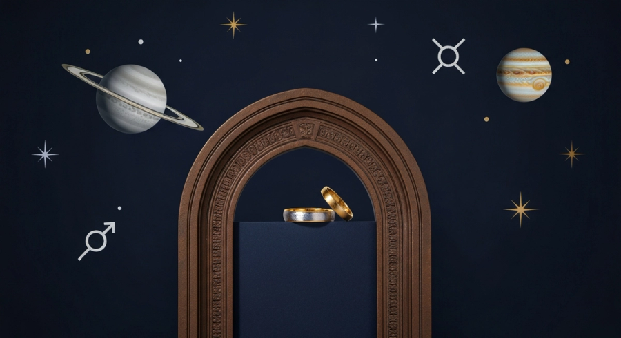 Wedding rings near a glowing seventh-house archway