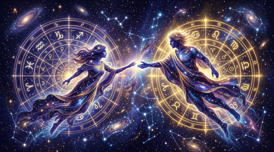 Synastry chart overlay showing planetary connections between two birth charts for compatibility analysis