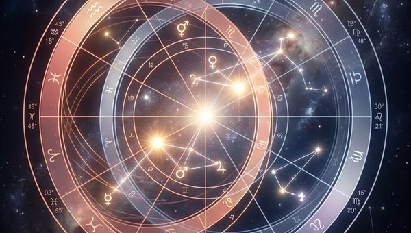 Synastry birth chart compatibility illustration showing two overlapping astrological charts with planetary connections highlighted