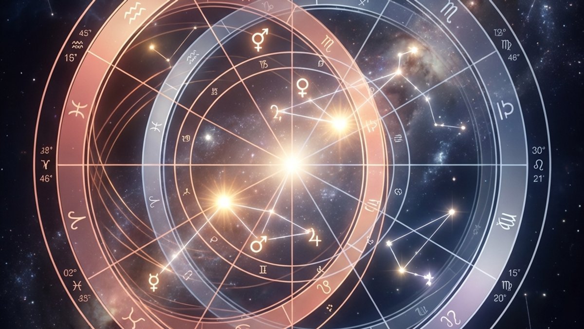 Synastry birth chart compatibility illustration showing two overlapping astrological charts with planetary connections highlighted
