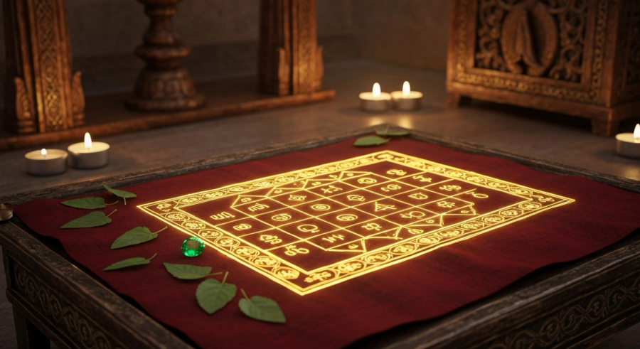 Ведические упайи для Меркурия - изумруд и священный базилик туласи на фоне натальной карты