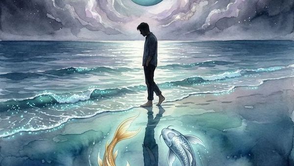 Pisces man zodiac concept with contemplative silhouette at moonlit ocean edge, koi fish reflection, Neptune glowing turquoise in dreamy watercolor cosmic sky