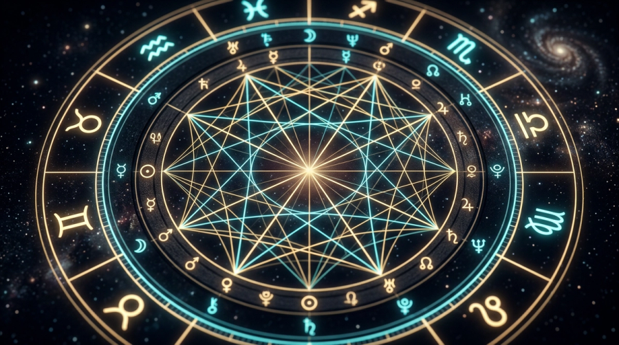 Close-up of a natal chart wheel showing planets, houses, and aspect lines used by a birth chart calculator