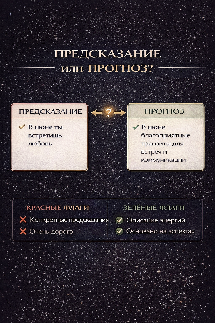 Инфографика: сравнение предсказаний и прогнозов, с примерами красных и зелёных флагов для доверия