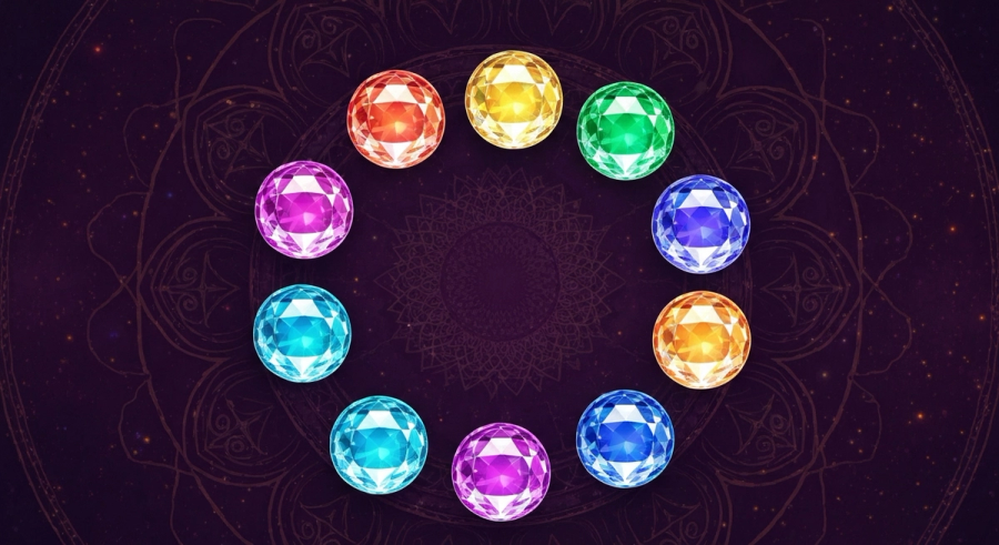 Девять светящихся сфер с числами судьбы в нумерологии на фоне космической мандалы