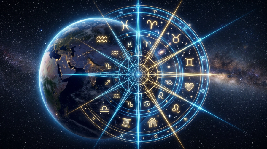 Astrological house system — chart wheel mapped onto the globe showing how houses divide the sky at birth