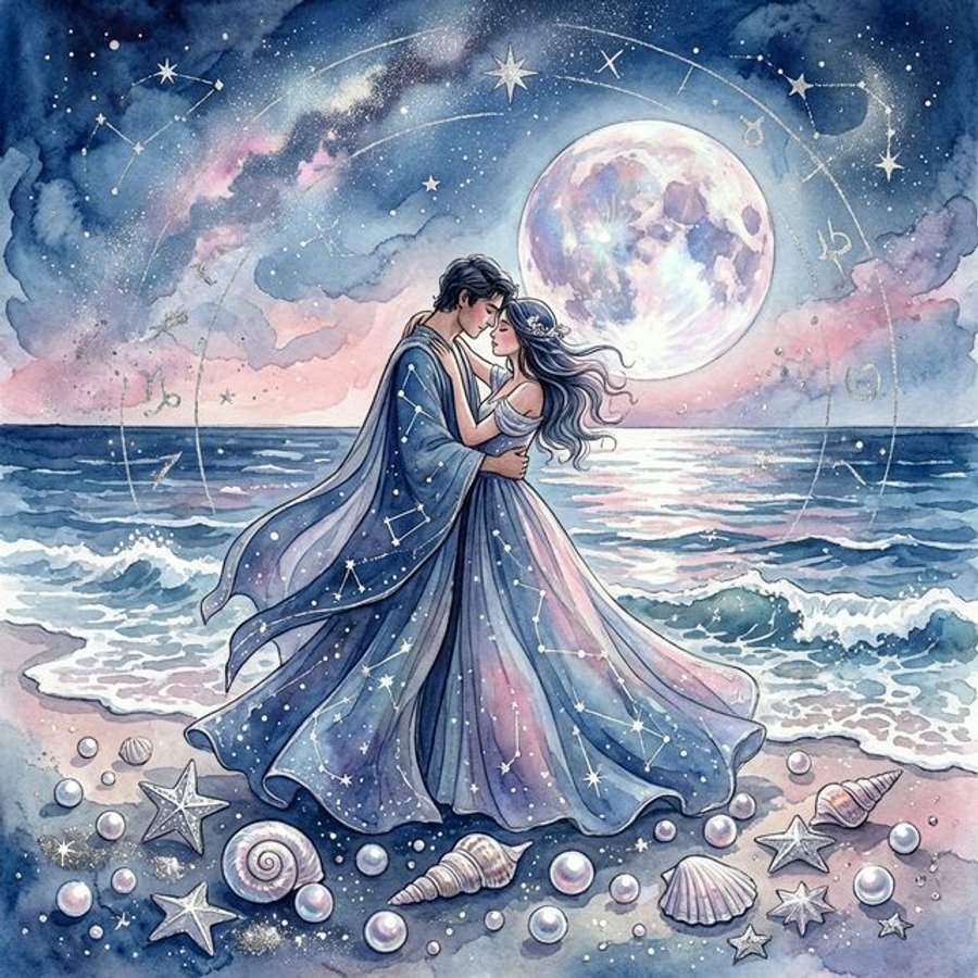 Cancer woman in love illustration showing tender couple embrace by moonlit ocean with pearls and silver starlight