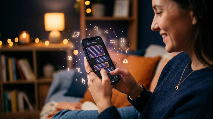 Woman chatting with an AI astrologer on her phone surrounded by glowing zodiac symbols