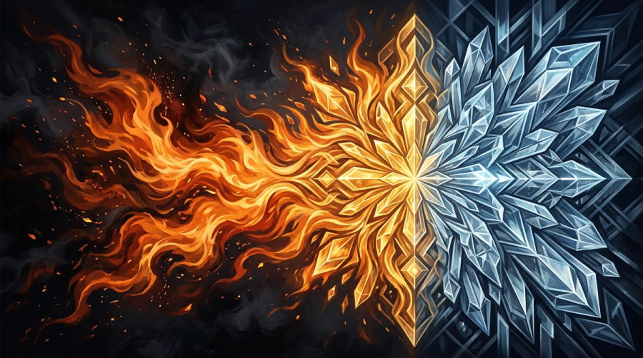 Fire transforming into crystalline structure representing Aries impulse becoming Saturn discipline