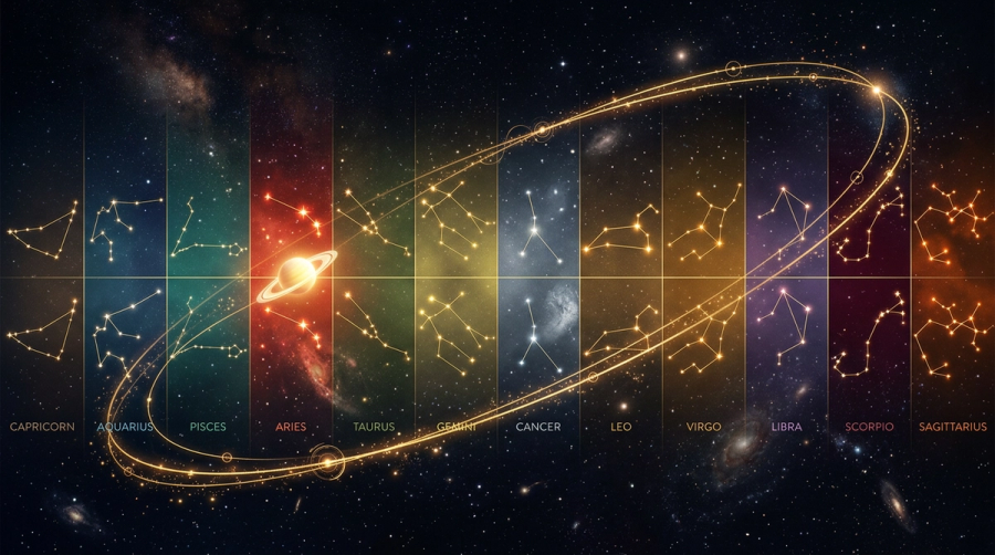 Saturn orbital path through zodiac constellations shown as golden line across deep space