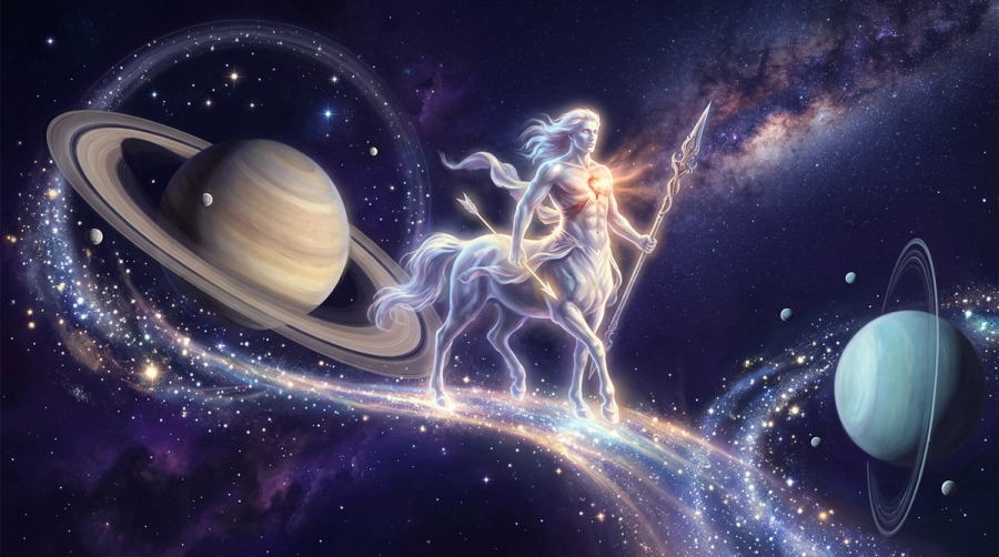 Chiron centaur figure on celestial bridge between Saturn and Uranus depicting Chiron's eccentric orbit