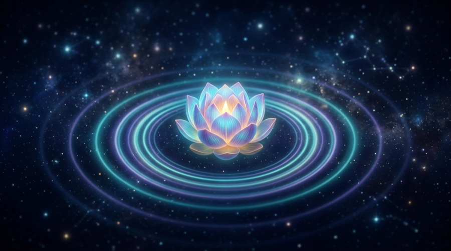A softly glowing lotus bud in a calm cosmic void with rings of light, symbolizing inner readiness for marriage