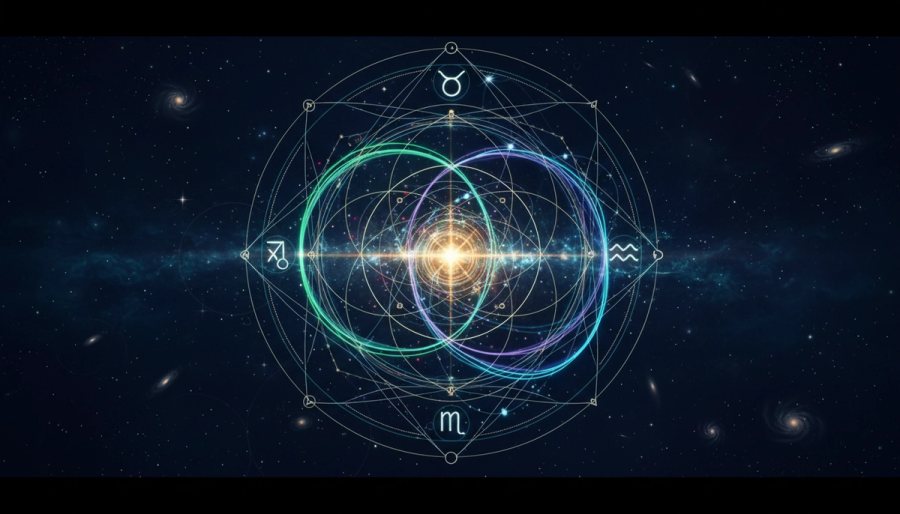 Taurus and Aquarius glyphs at a square angle on a star-filled astrology wheel