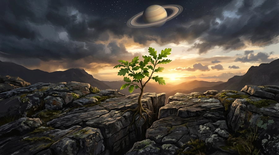 Young sapling growing through stone cracks with Saturn visible in sky representing growth through challenge