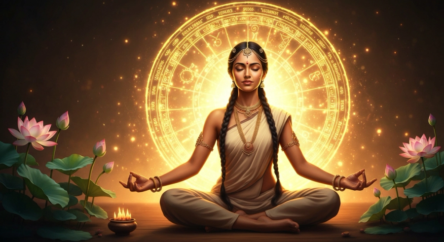 Женщина медитирует с ведической картой - джйотиш гороскоп онлайн
