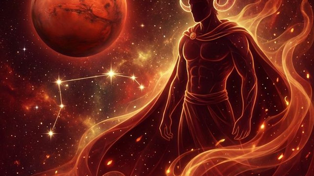 Aries man personality traits illustration with Mars planet and ram constellation in fiery cosmic setting