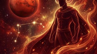 Aries man personality traits illustration with Mars planet and ram constellation in fiery cosmic setting