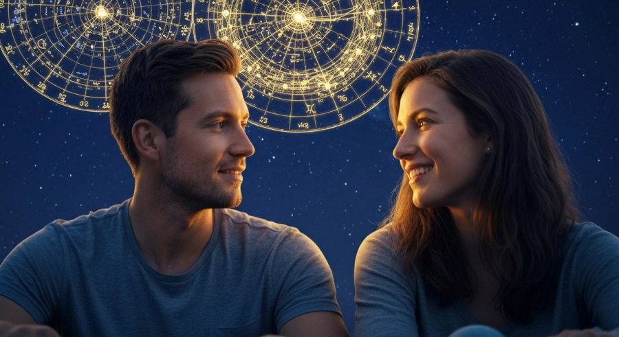 Couple under starry sky with overlapping birth chart wheels showing synastry compatibility aspects