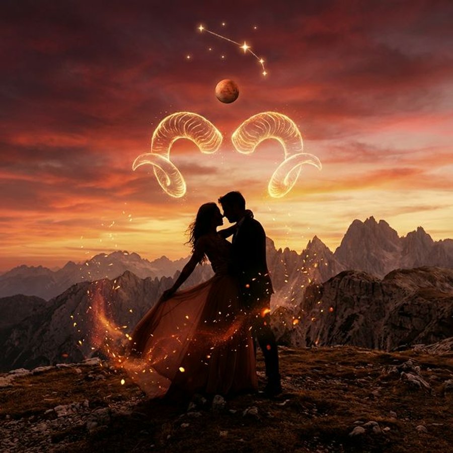 Aries woman in love passionate romantic scene with couple silhouette embracing on clifftop at sunset with golden ram horns forming heart shape and Mars in fiery sky