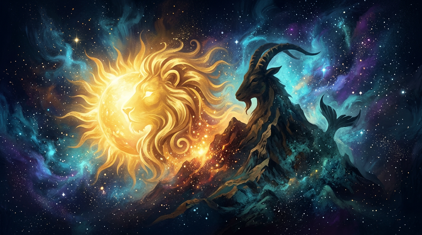Astrology Leo and Capricorn compatibility - radiant golden sun-lion meeting an earthy mountain and sea-goat under a starry cosmic sky
