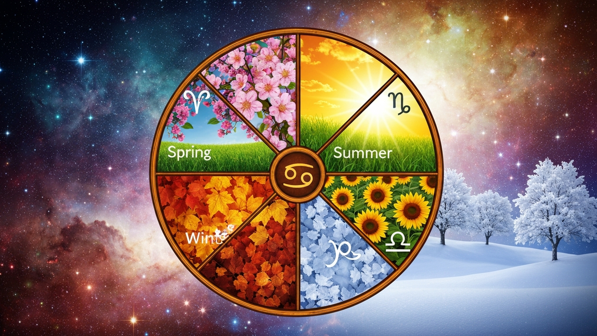 Cardinal astrology definition - four seasons wheel with Aries Cancer Libra Capricorn zodiac symbols at each season start