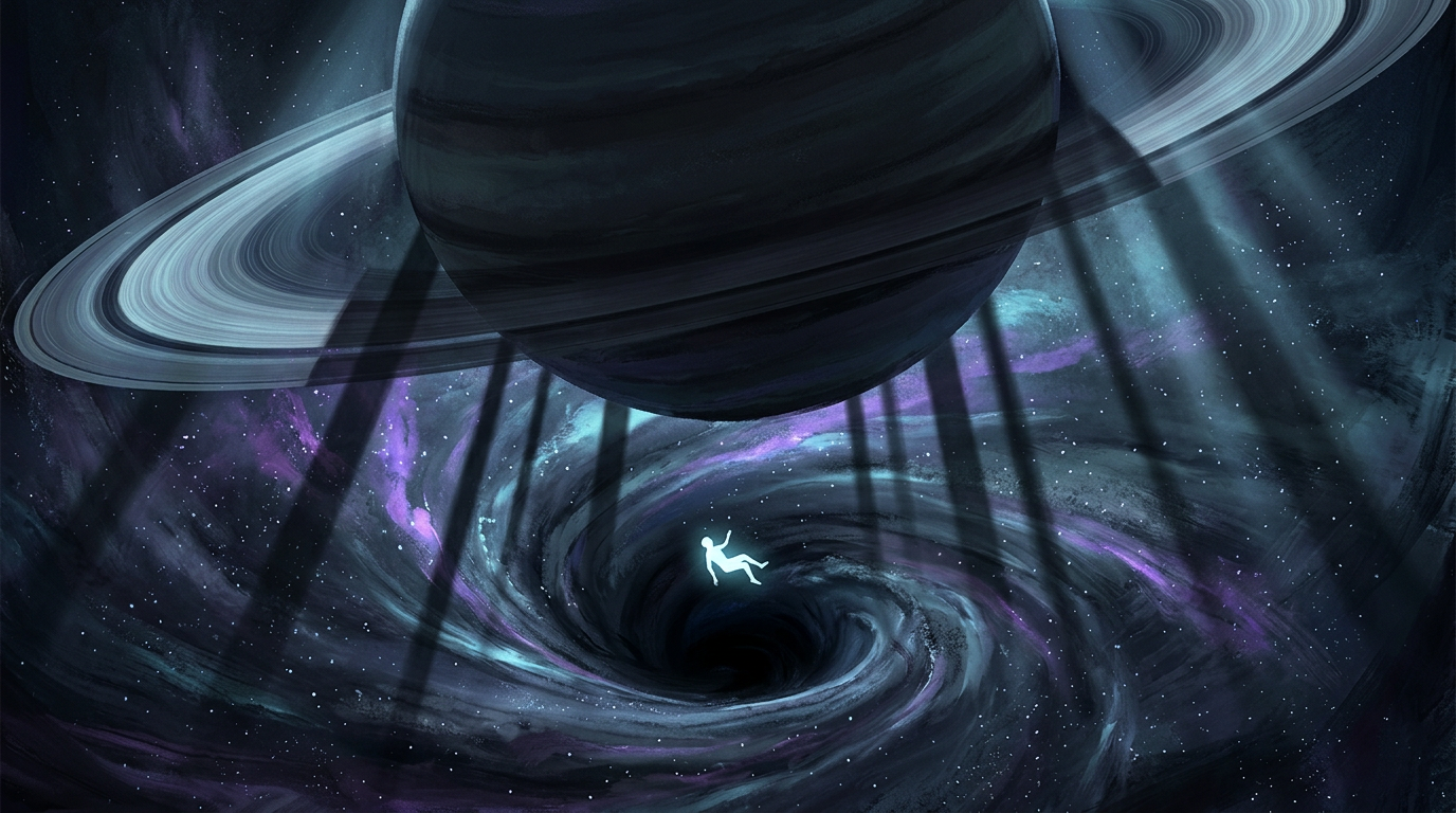 Ringed planet pressing down over a swirling gravitational well with a single luminous figure suspended inside representing saturn transit anxiety