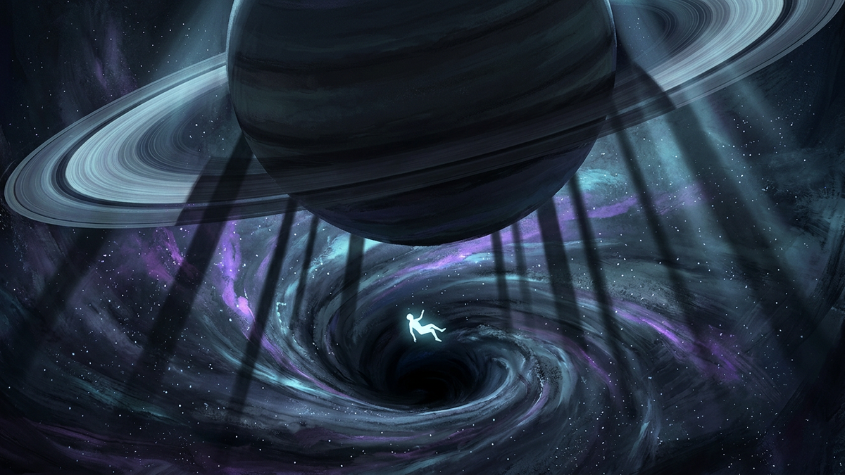 Ringed planet pressing down over a swirling gravitational well with a single luminous figure suspended inside representing saturn transit anxiety
