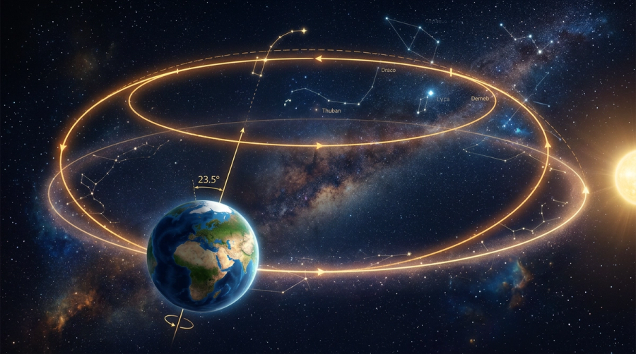 Earth axial precession diagram showing the slow wobble that shifts star positions over 26000 years