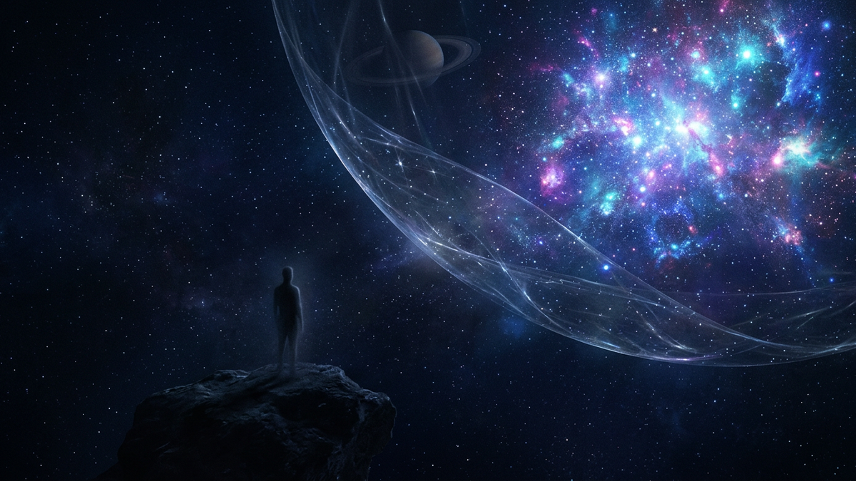 A solitary luminous figure standing apart from a distant constellation behind a translucent cosmic veil representing saturn in 12th house loneliness