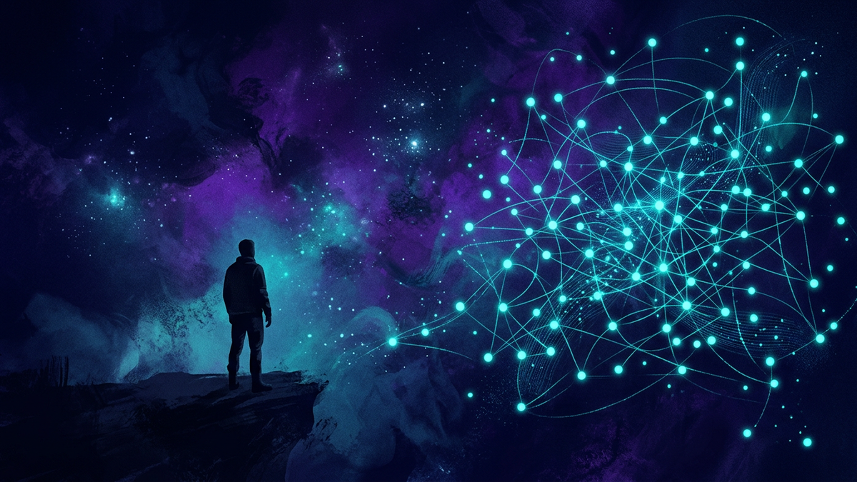 Solitary figure standing apart from constellation of connected lights representing chiron in 11th house