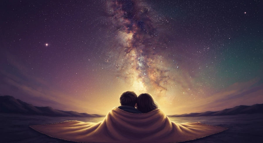 Пара стоит спиной друг к другу, связанная космической энергией - кармическая связь между партнёрами