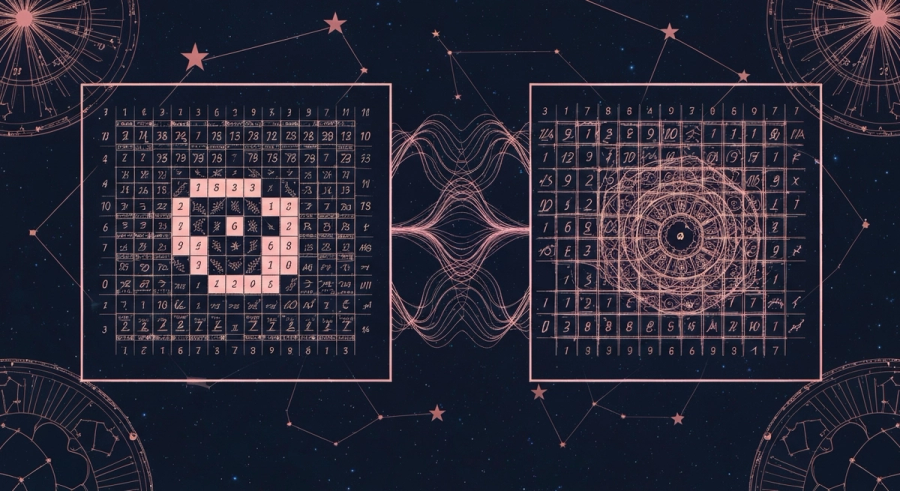 Совместимость по квадрату Пифагора - две матрицы рядом с линиями связи