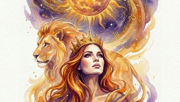 Leo woman zodiac illustration showing a regal lioness energy, sun crown, and golden fire element themes