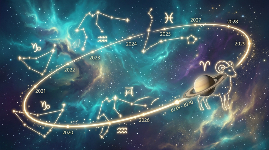 Saturn transit timeline through zodiac signs from 2020 to 2030 showing current position in Aries