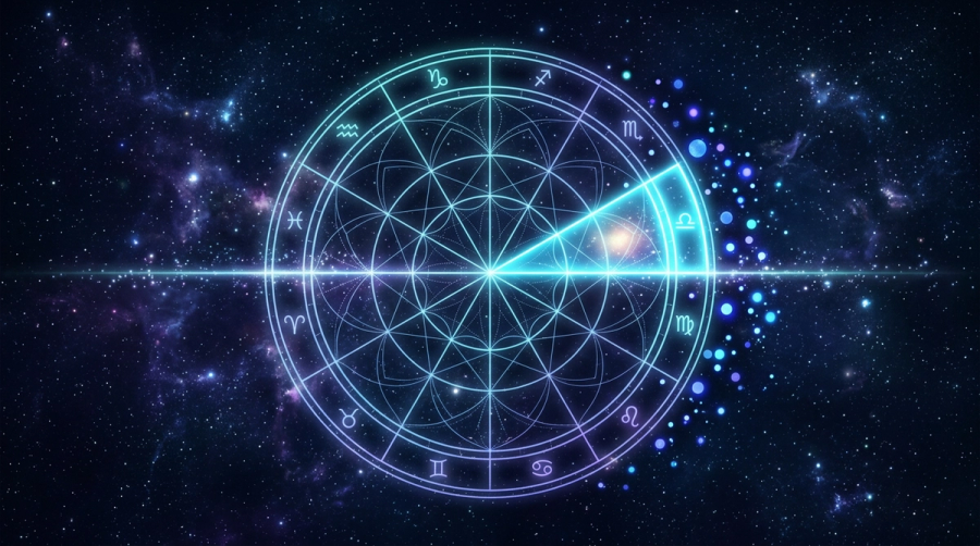 Astrological chart wheel with the seventh house and Descendant axis highlighted in glowing cyan light