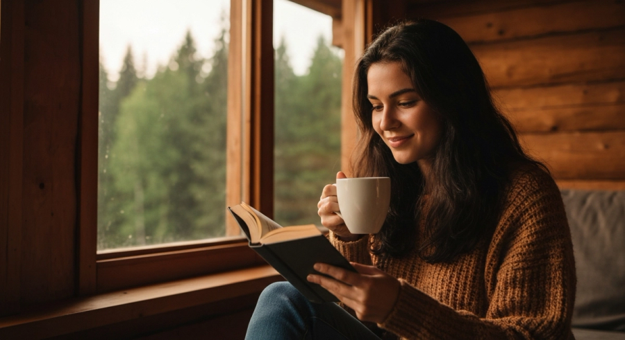 Person reading their daily horoscope on a smartphone at sunrise with warm golden light