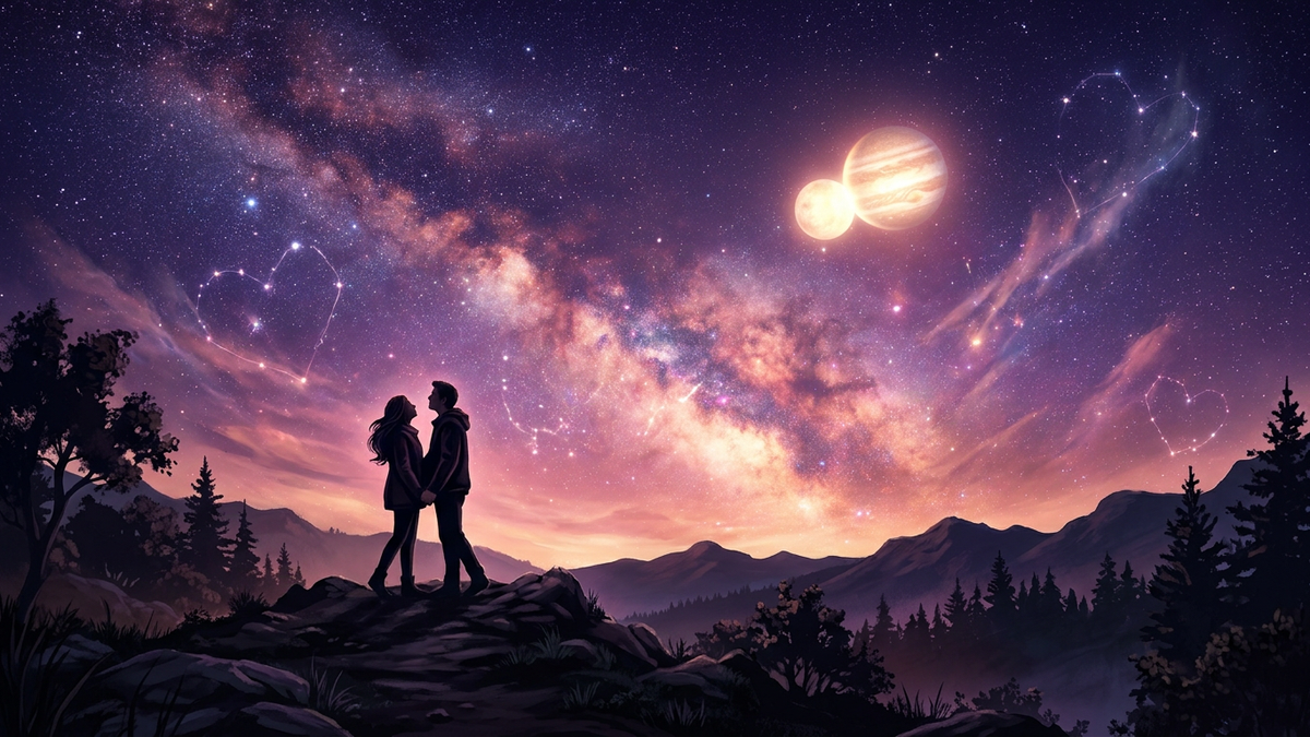 Love transits 2026 - Venus and Jupiter aligned in cosmic heart-shaped nebula representing romantic astrology predictions